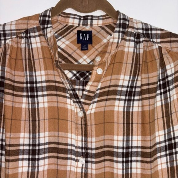 GAP Women’s Medium Tall Brown Tan Cream Button Down Plaid Dress Coastal Cowgirl - Picture 3 of 8